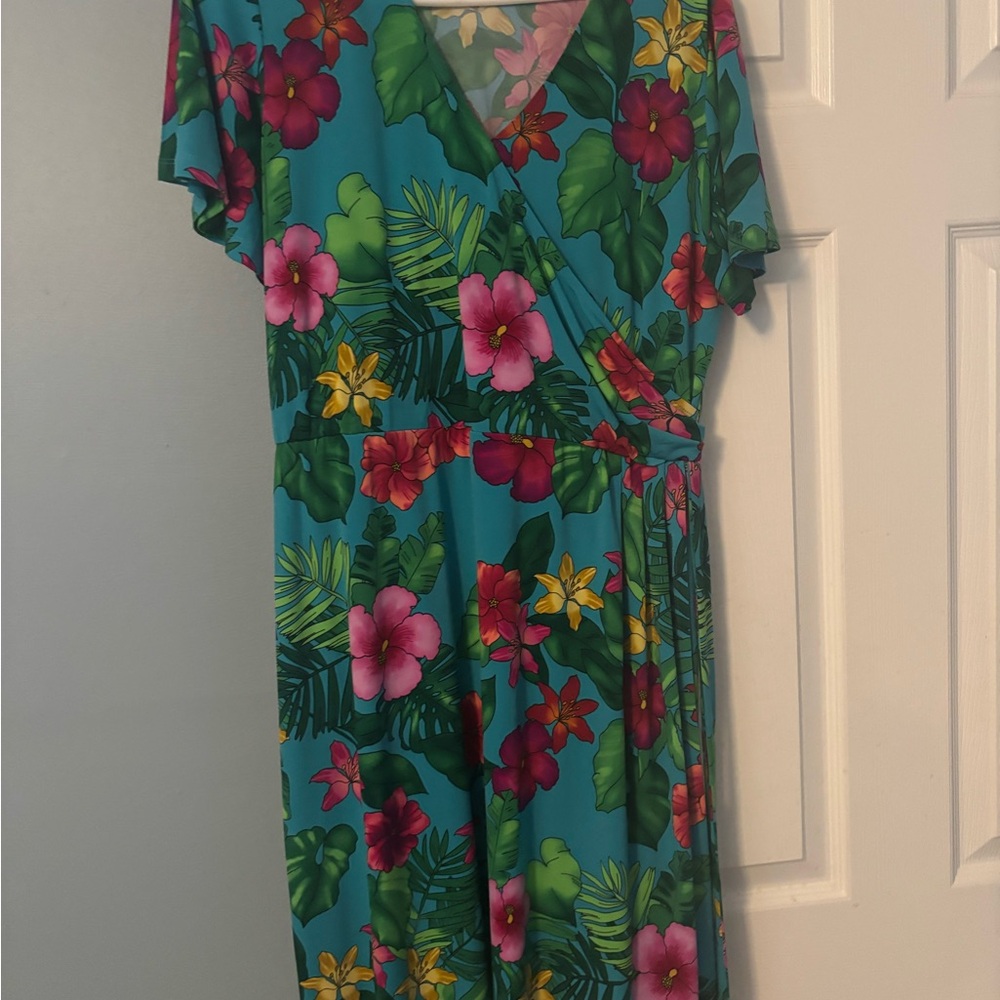 Susan Graver Turquoise Floral Midi Dress with Pink & Red Flowers sz medium NEW
